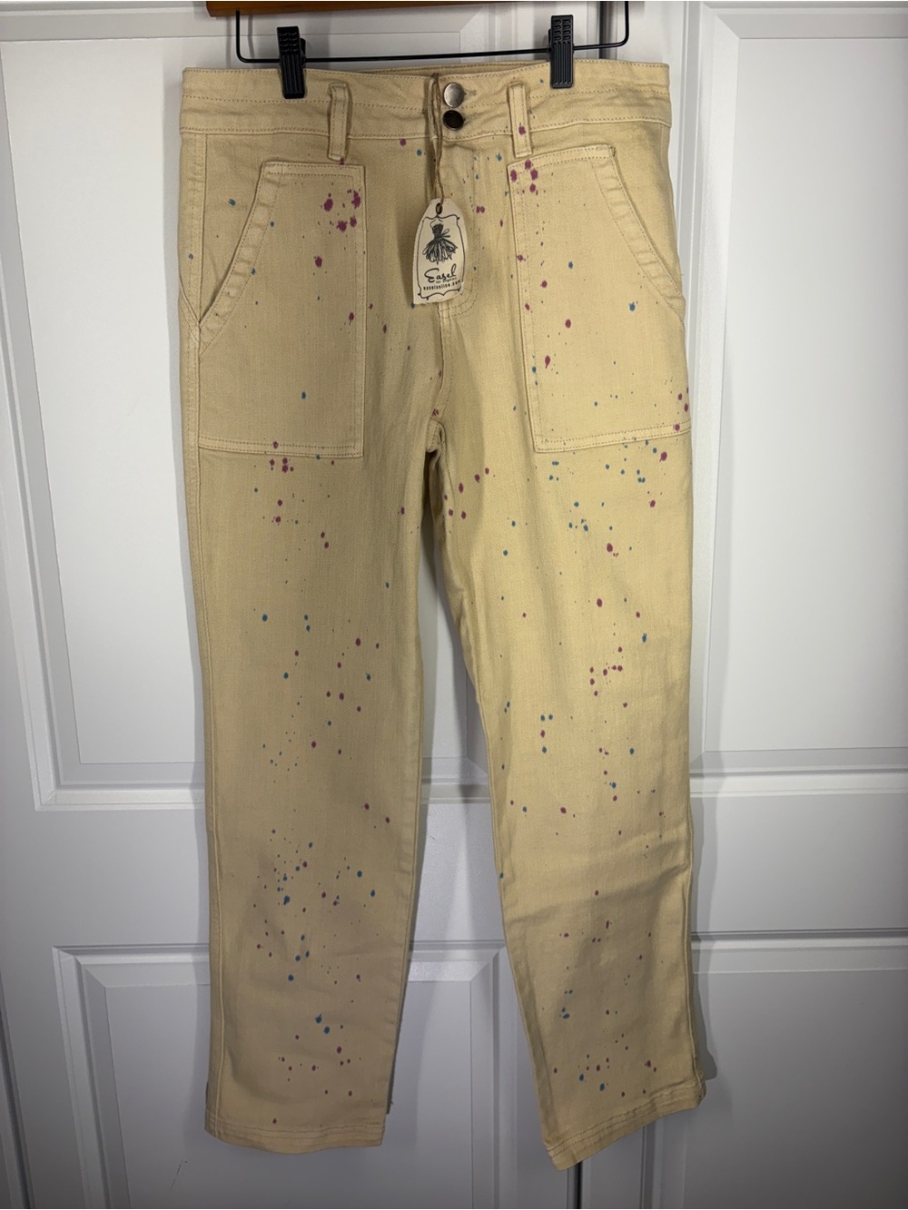 NWT Easel Paint Splatter Utility Pants Khaki Straight Leg Stretchy Trousers M